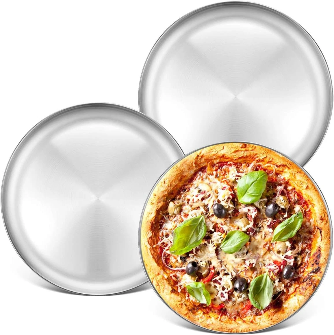 Deedro Stainless Steel Pizza Pan 13½ inch Round Tray 3 Pack, Silver