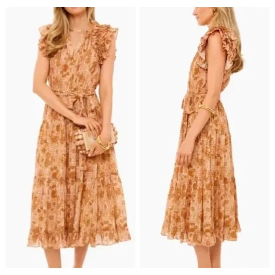 Ulla Johnson Virginia Dress Midi Belt Ruffle Yellow Meadow Cottage Cotton 2 - Image 2 of 4