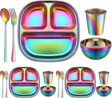 15 Pcs Stainless Steel Kids Dinner Set, Bowls, Balanced Bites Divided Plates, Cu