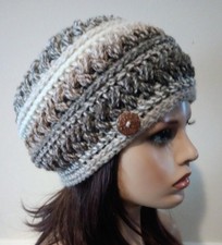 handmade crochet womans button hat beanie crossword brown puffs new
