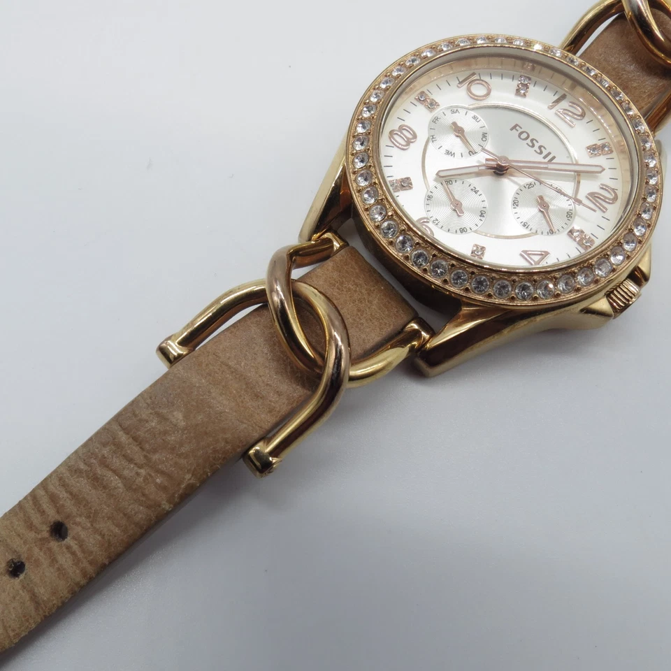 Женские часы Fossil 37 мм безель со стразами золотистый коричневый кожаный ремешок, ходовые * - Изображение 4 из 4