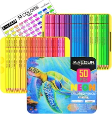 KALOUR PDAS 50 Neon Colored Pencils for Adult Coloring Books, Fluorescent Colore