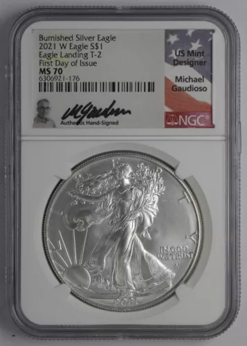 2021 W $1 Burnished American Silver Eagle Eagle Landing T-2 FDOI NGC MS 70
