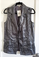 Travelsmith Button Crinkle Vest Zip Tab Pockets Gunmetal Grey Gray Cotton Lined