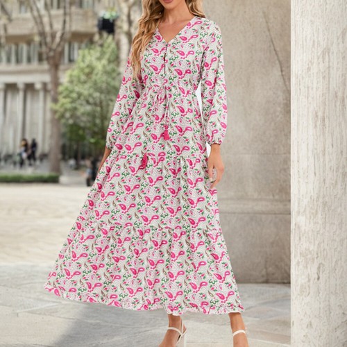 Damen Drucken Boho Partykleid Maxikleid V-Neck Herbstkleid A-Linie Freizeitkleid - Bild 5 von 19