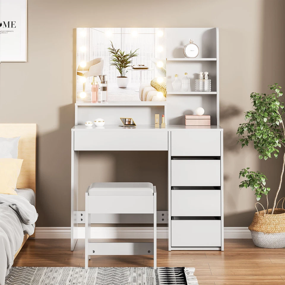 Schminktisch Frisiertisch Kosmetiktisch mit Hocker LED-Beleuchtung Spiegel Weiß - Bild 2 von 4