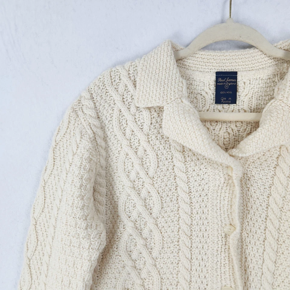 Paul James Suéter Mujer Mediano Crema Lana Cable Tejido Pescador Cárdigan Inglaterra Foto 2 de 4