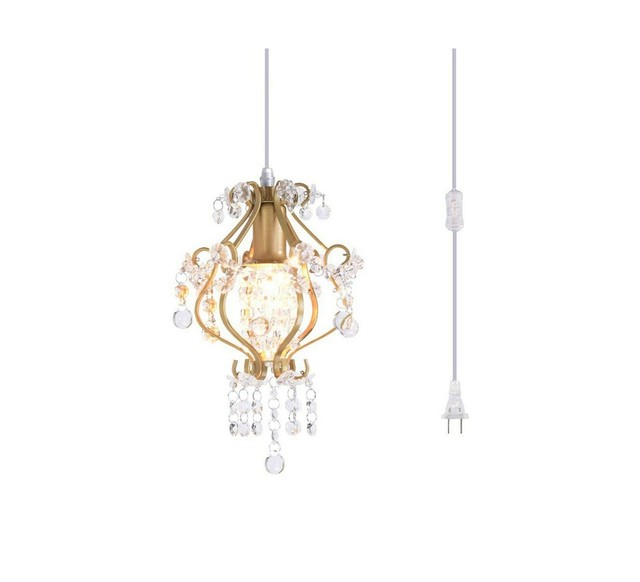 Surpars House Elegant Mini Chandelier Plug In Crystal Pendant Light Golden