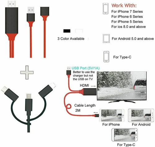 1080P HDMI Mirroring Cable Phone to TV HDTV AV Adapter For iPhone 14 12 Samsung - Picture 11 of 11