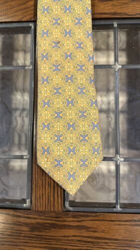 Hermes Paris Tie Gold With Blue H 100% Silk Mens Necktie
