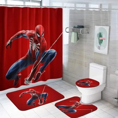 Bathroom Set Shower Curtain Non-Slip Bath Mat Toilet Lid Cover MarvelSpider-Man - Afbeelding 12 van 18