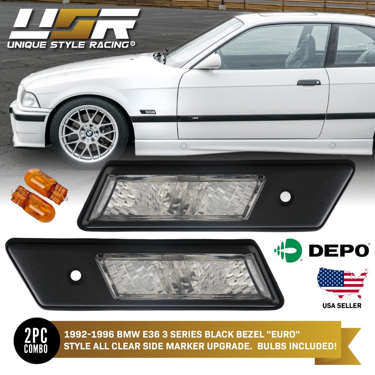 Black Bezel Euro Style Clear Lens Side Marker Lights Fit For 92-96