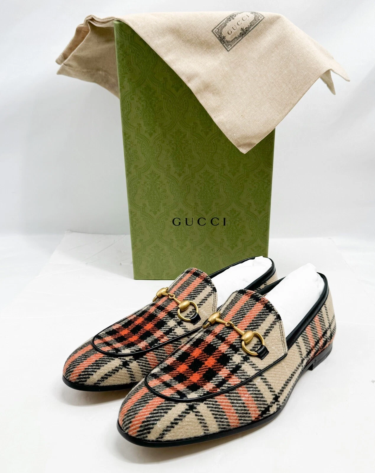MOCCIN GUCCI JORDAAN TARTAN TWEED BEIGE, NOIR NEUF DANS SA BOITE TAILLE 8 US
