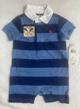 Polo Ralph Lauren 1 Piece Shortall Romper Blue/Navy Stripe Rugby Style 6M NWT