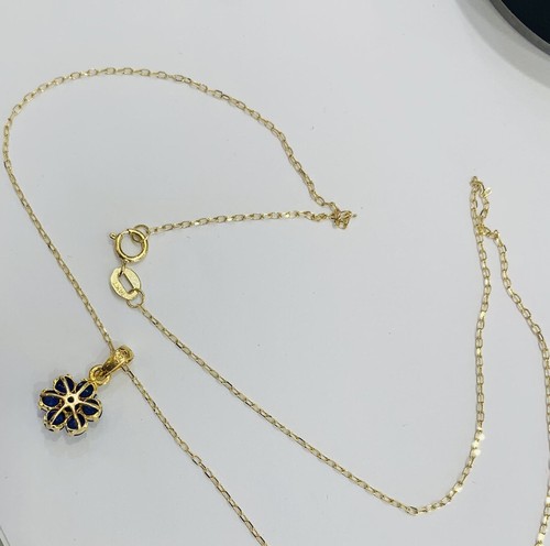 14k Solid Yellow Gold trio Curb Link Chain Necklace W/Sapphire Pendant 16In1.65G - Picture 6 of 8