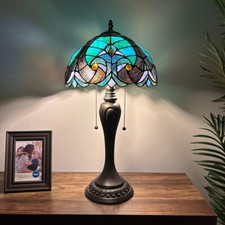 Tiffany Style Table Lamp Green Stained Glass Included LED Bulbs 12"W 12"D 22"H