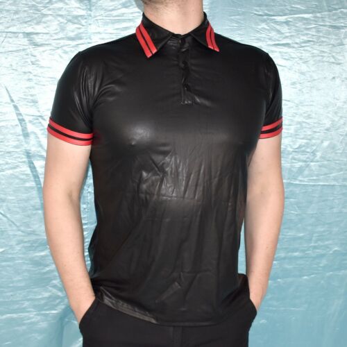 Soft Leather Look Polo Shirt Size S Or L with Stripes Vinyl Shirt Top