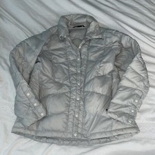 Nau Womens Large Snap Front 100% Goose Down Puffer Jacket Zip Pockets Gray