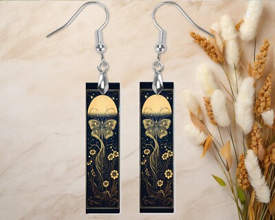 Earrings, Moon Glow Butterfly Print Wood Bar Printed Earrings Jewelry