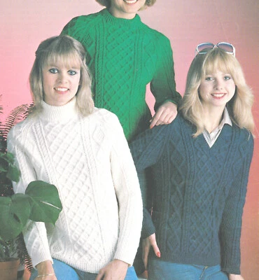 Knitting Pattern Ladys Aran Style Sweaters in DK 3 Styles Crew Polo V Neck 32-38