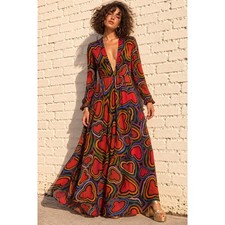 Farm Rio Multicolor Viscose Maxi Dress Rainbow Wild Hearts Size L