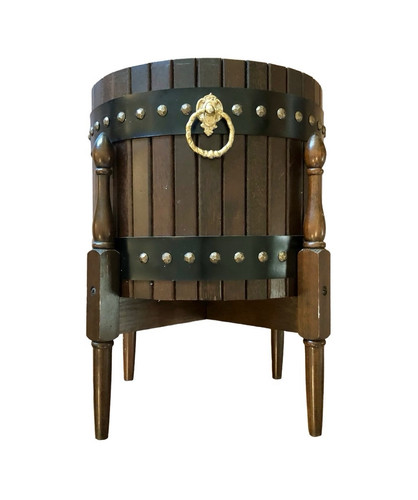 Vintage Mid Century Elevated Wooden Barrel Planter Pot—Karimoku Japan Furniture