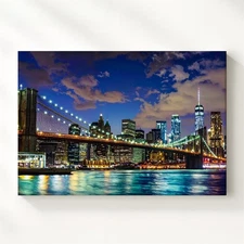 Brooklyn Bridge Night Canvas Illuminated Nyc Skyline Over East River Wall Art