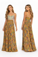 RAGA x ANTHROPOLOGIE Raga Gold Multi Floral Embroidered Bohemian Maxi Dress XS