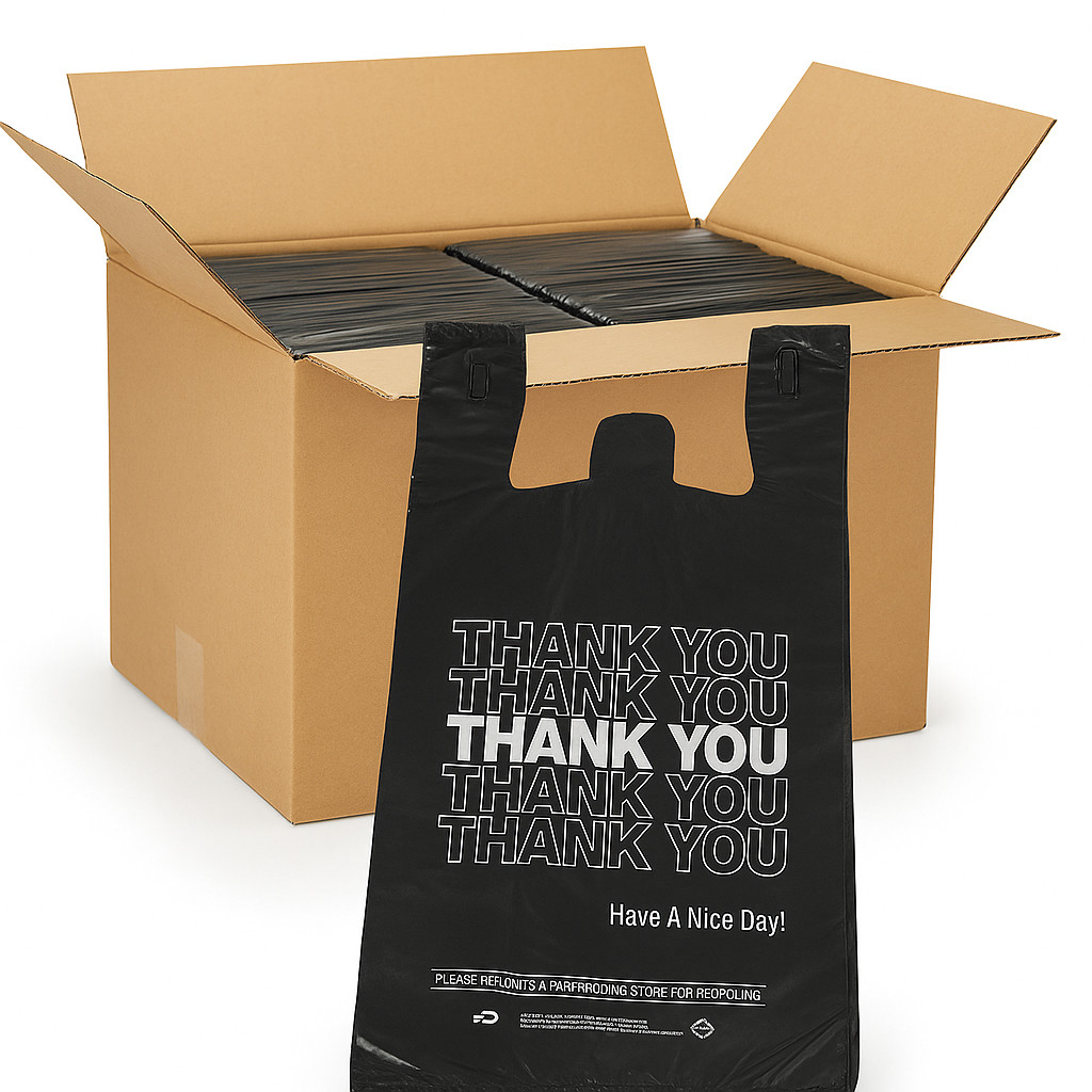 4000 Black Thank You T-Shirt Grocery Bags 1/6 Size Plastic Shopping 21x11.5