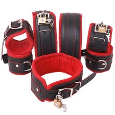 Genuine Leather Bondage Set 9Pc Padded Wrist Ankle Thigh Cuffs Collar Red Black