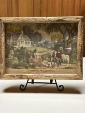 Vtg. CURRIER AND IVES "SUMMER IN THE COUNTRY" FRAMED Lithograph PRIMITIVE Wood