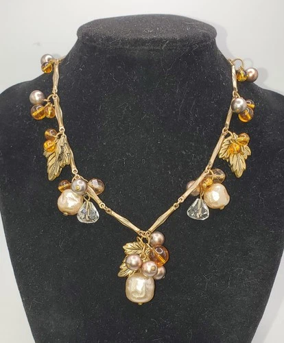 Vintage  Pearl Clusters Gold Leaves Necklace Amber Glass Miriam Haskell Style