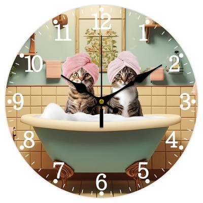 Bathroom Wall Clock Non-Ticking 12 Inch Cat Round Decorative Printed