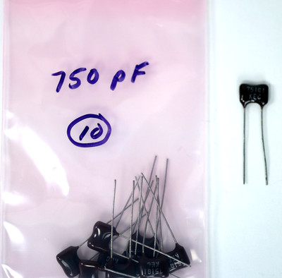 Qty 10: 750pF 500V 2% dipped silver mica radial lead capacitors