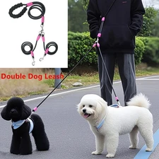Soft Black Double Dog Leash No-Tangle Reflective Swivel Coupler Padded Handle