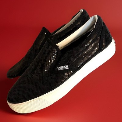 Mudd Poppy Black Sequin slip-on Sneakers w/ thick white platform sole Size 9
