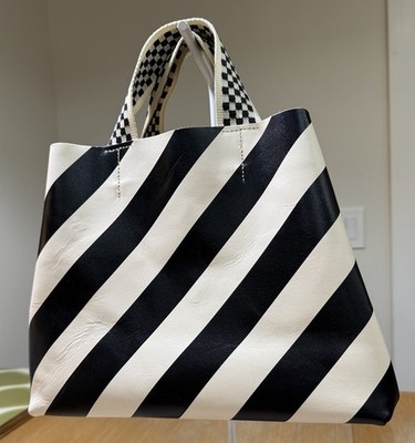 Clare V Bateau Tote - Black/Cream Diagonal Stripe 2022 Sample Sale Exclusive