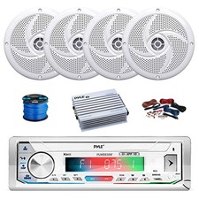 Pyle BT Marine Receiver, Amp w/Kit, 4X 5.25" 180W Speakers White w/ Wire