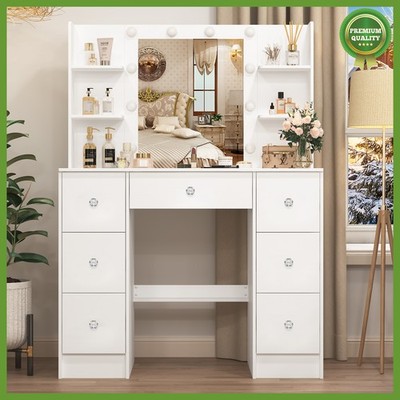 Holz Schminktisch mit 7 Schubladen und LED Spiegel Frisiertisch Kosmetiktisch DE