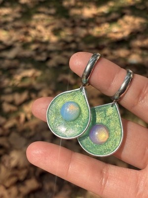 Handmade Green Pearl Mica Resin Opal Drop Earrings Stainless Steel Hoops