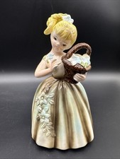 Vintage Enesco Japan Ceramic Blonde Flower Girl Basket Blue Kitsch Vase
