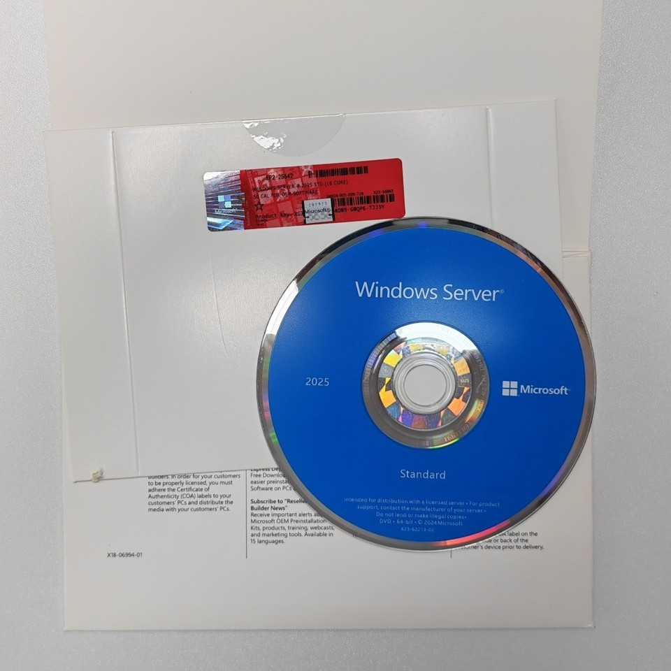 Microsoft Windows Server 2025 Standard 64Bit 16 Core-50 CALs DVD With ...