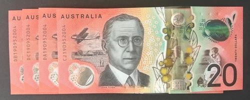 AUSTRALIAN: 2019 $20 NOTES 4x IDENTICAL NUMBERS CJ,DA,DB,DC #LF19/13