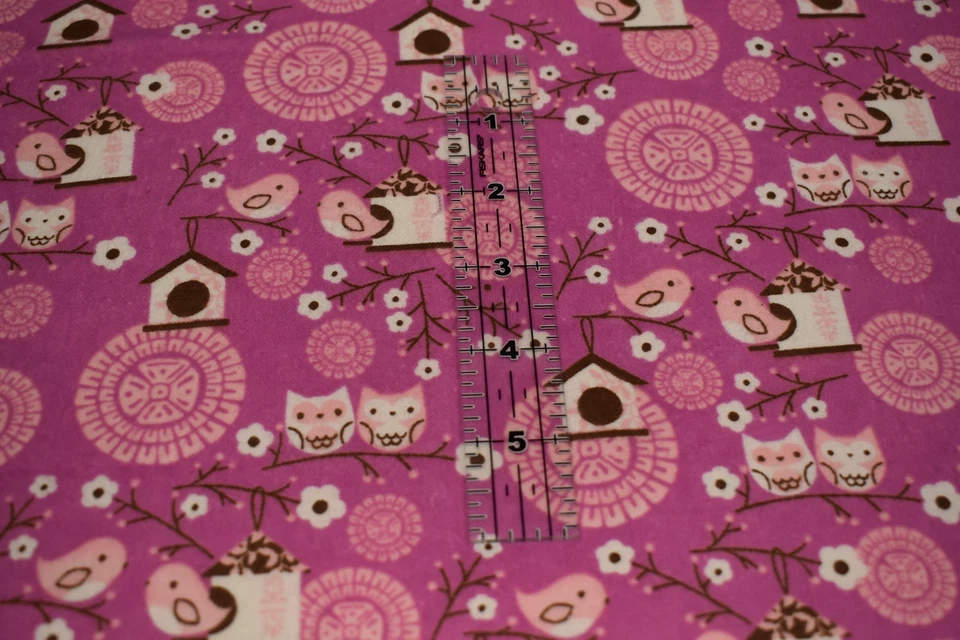 JOANN Cotton Flannel  2.8 yards x 43" BIRDS OWLS FLORAL bird house PINK BROWN - Image 2 of 4