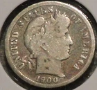 Silver Dime - Barber - 1900 (Old cleaning.  Obv light scratches.)