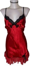 Vtg 90s Womens Red Satin Lace Babydoll Coquette Dollete Night Slip Dress Sz S