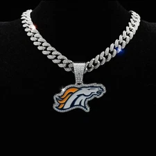 Denver Broncos Silver CZ Chain Fan Jewelry Bling Hip Hop Pendant And 24" Chain