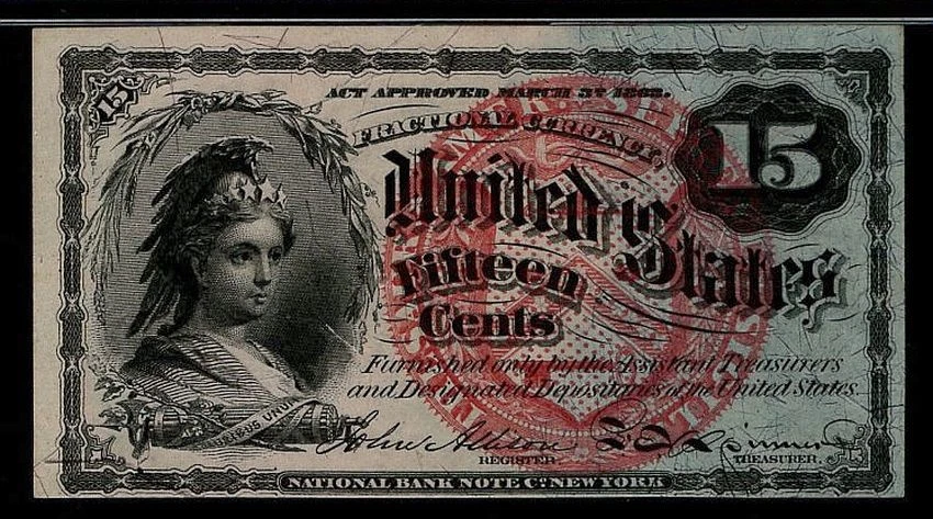 US 15c Fractional Currency 4th Issue Fr. 1269 Blue Right End 40mm Seal PMG 55EPQ - Image 2 of 3