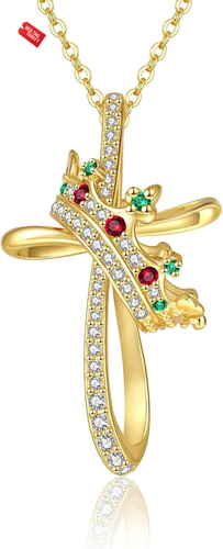 Gold and Silver Cross Necklace Crown Cross Pendant Necklace Crown Cross Jewelry - Imagen 9 de 13