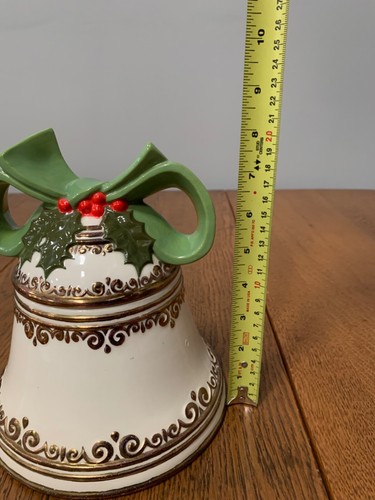 Vintage Ceramic Holiday Christmas Bell Cookie Jar Holly Berry Leaf Green Bow 8" - Bild 11 von 17